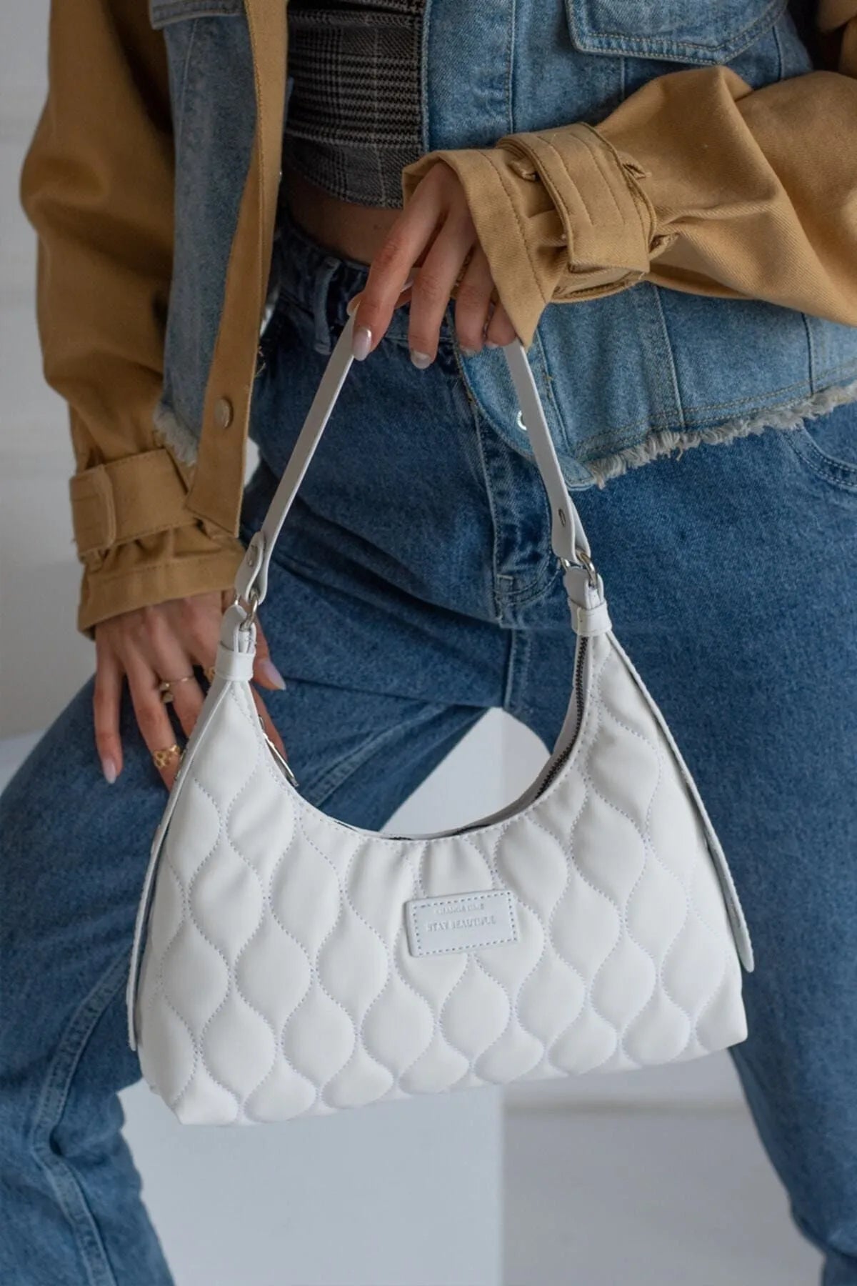 Cochines Women's White Quilted Patterned Baguette Hand And Shoulder Bag