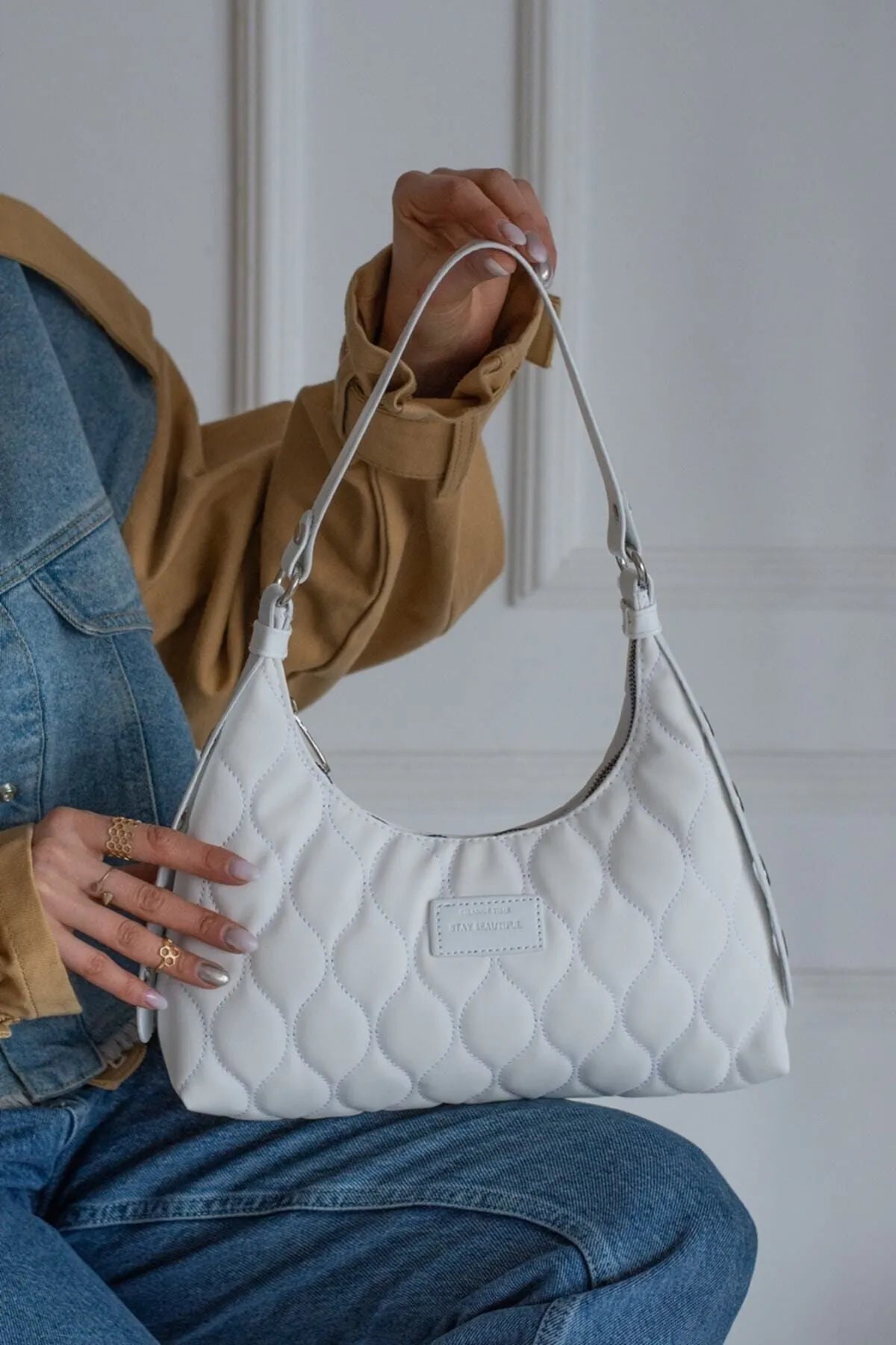 Cochines Women's White Quilted Patterned Baguette Hand And Shoulder Bag